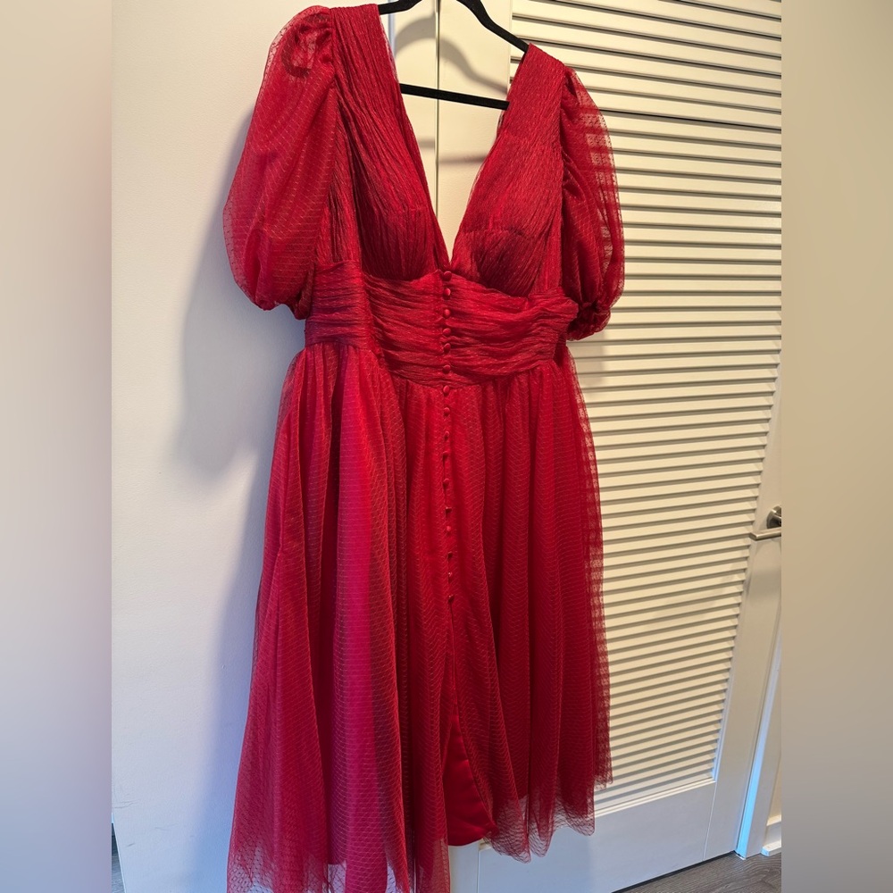 Source Unknown Red Midi Dress with Puff Sleeves